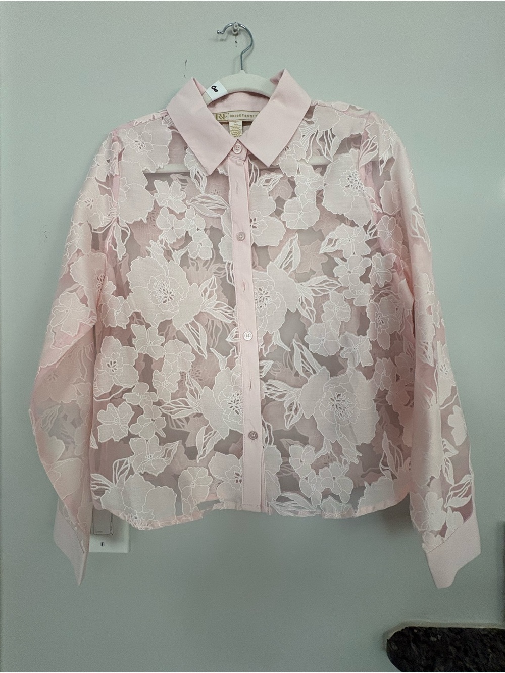 Rich and Famous Light Pink Floral Lace Button-Front Shirt